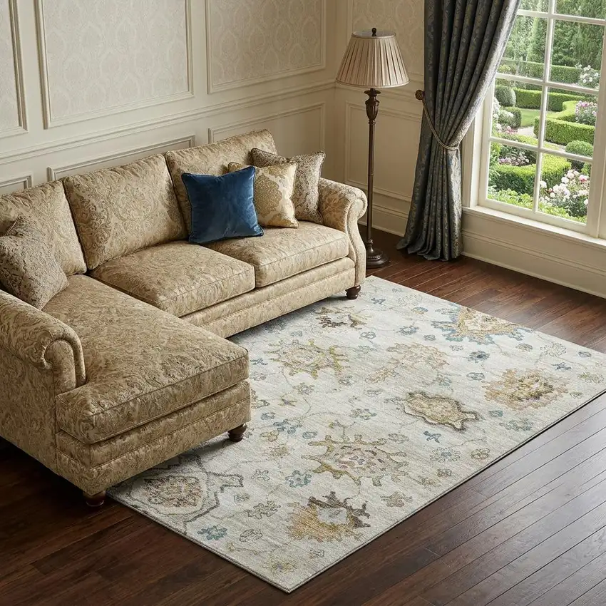 Linen Blue And Coffee Floral Medallion Distressed Washable Area Rug With UV Protection Photo 1