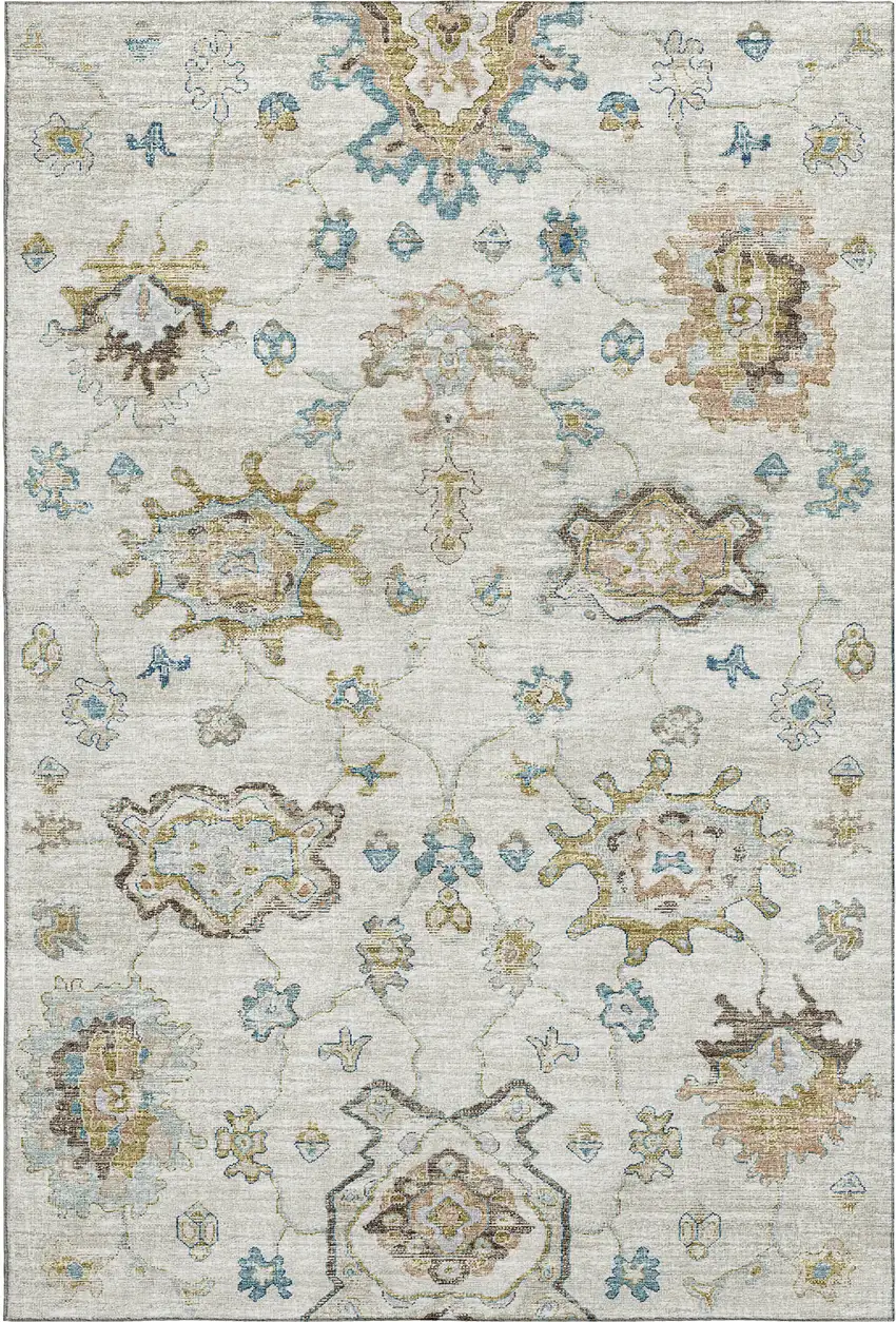 Linen Blue And Coffee Floral Medallion Washable Area Rug With UV Protection Photo 2