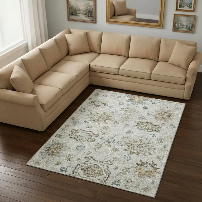 Linen Blue And Coffee Floral Medallion Washable Area Rug With UV Protection Photo 1