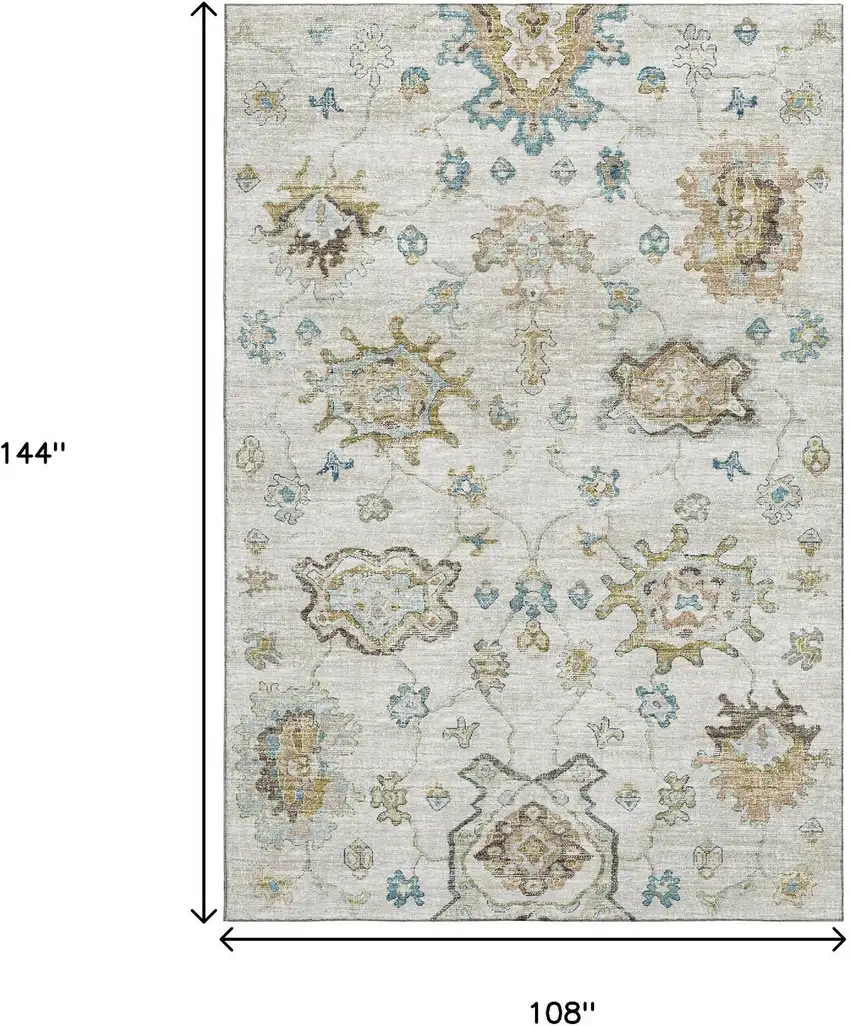 Linen Blue And Coffee Floral Medallion Washable Area Rug With UV Protection Photo 3