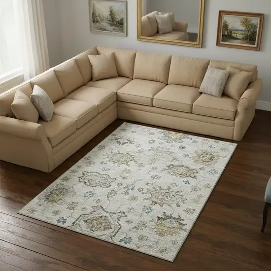 Linen Blue And Coffee Floral Medallion Washable Area Rug With UV Protection Photo 1