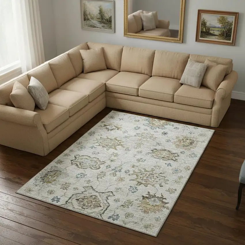 Linen Blue And Coffee Floral Medallion Washable Area Rug With UV Protection Photo 1