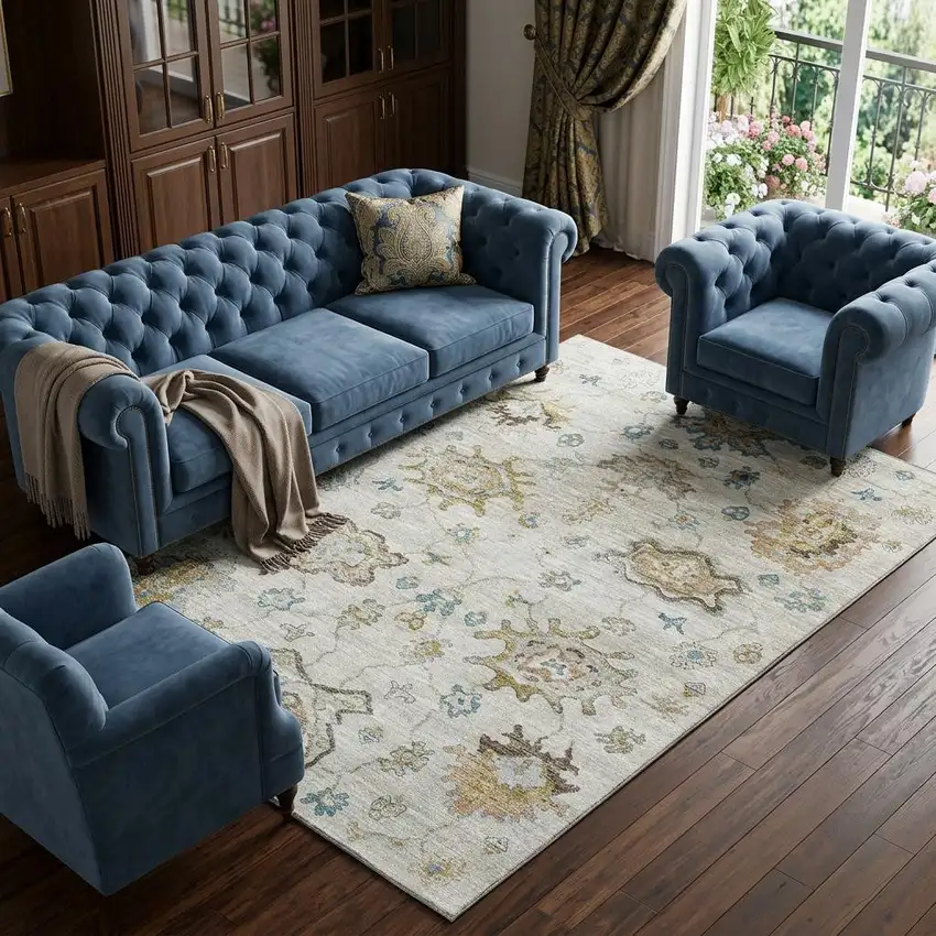 Linen Blue And Coffee Floral Medallion Distressed Washable Area Rug With UV Protection Photo 1