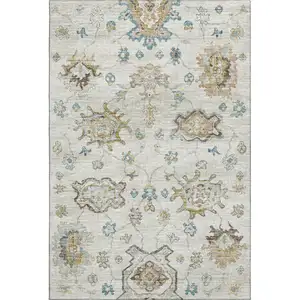 Photo of Linen Blue And Coffee Floral Medallion Washable Area Rug With UV Protection