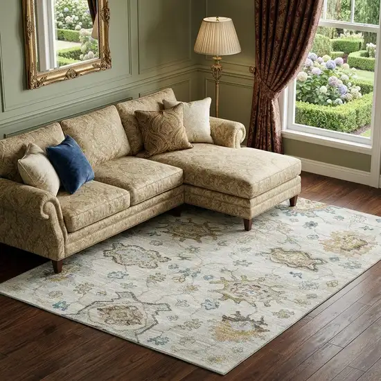 Linen Blue And Coffee Floral Medallion Distressed Washable Area Rug With UV Protection Photo 1