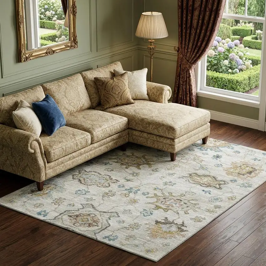 Linen Blue And Coffee Floral Medallion Distressed Washable Area Rug With UV Protection Photo 1