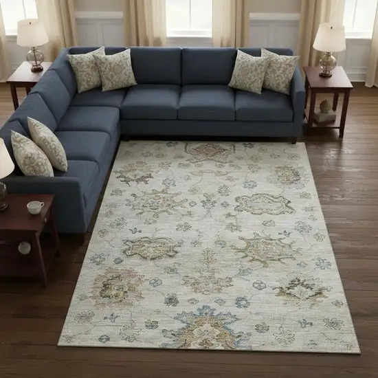 Linen Blue And Coffee Floral Medallion Washable Area Rug With UV Protection Photo 1
