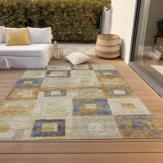 Linen Blue And Copper Geometric Washable Indoor Outdoor Area Rug Photo 9
