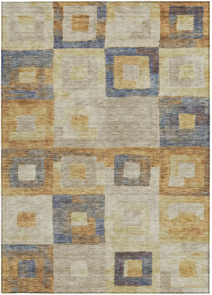 Linen Blue And Copper Geometric Washable Indoor Outdoor Area Rug Photo 5
