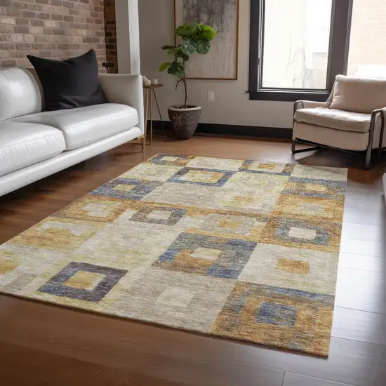Linen Blue And Copper Geometric Washable Indoor Outdoor Area Rug Photo 7