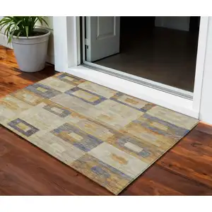 Photo of Linen Blue And Copper Geometric Washable Indoor Outdoor Area Rug