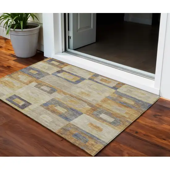Linen Blue And Copper Geometric Washable Indoor Outdoor Area Rug Photo 1