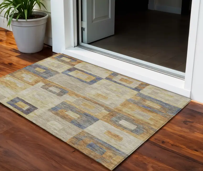 Linen Blue And Copper Geometric Washable Indoor Outdoor Area Rug Photo 1