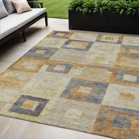 Linen Blue And Copper Geometric Washable Indoor Outdoor Area Rug Photo 1