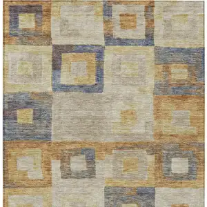 Photo of Linen Blue And Copper Geometric Washable Indoor Outdoor Area Rug