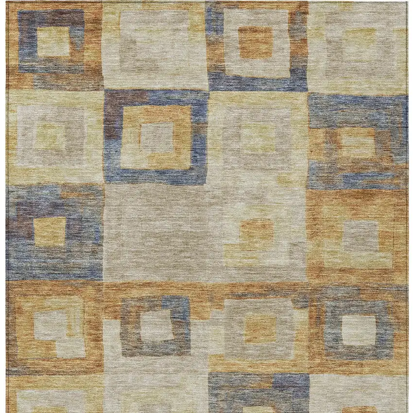 Linen Blue And Copper Geometric Washable Indoor Outdoor Area Rug Photo 6