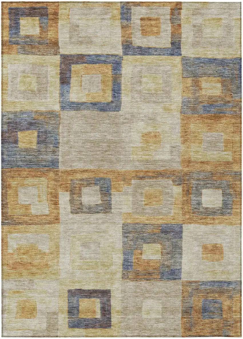 Linen Blue And Copper Geometric Washable Indoor Outdoor Area Rug Photo 2