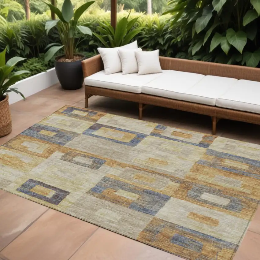 Linen Blue And Copper Geometric Washable Indoor Outdoor Area Rug Photo 1