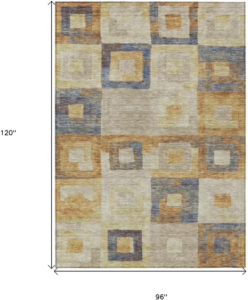 Linen Blue And Copper Geometric Washable Indoor Outdoor Area Rug Photo 7