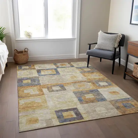 Linen Blue And Copper Geometric Washable Indoor Outdoor Area Rug Photo 9