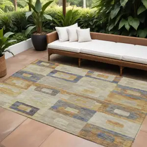 Photo of Linen Blue And Copper Geometric Washable Indoor Outdoor Area Rug