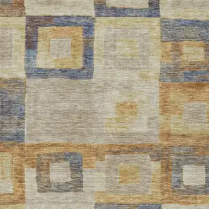 Photo of Linen Blue And Copper Geometric Washable Indoor Outdoor Area Rug