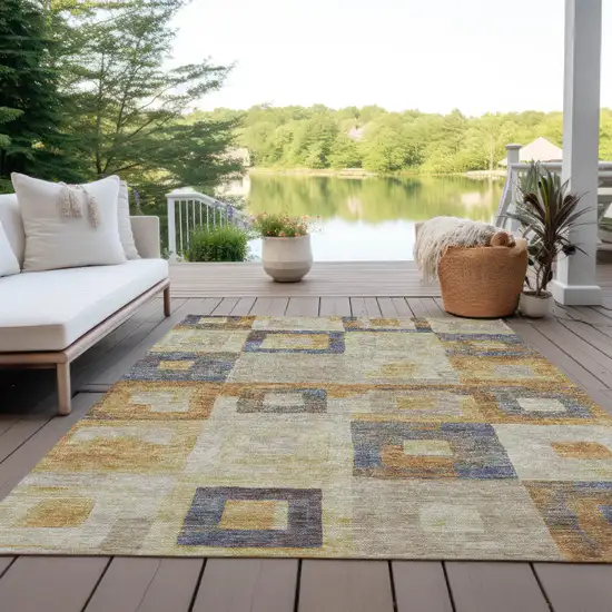 Linen Blue And Copper Geometric Washable Indoor Outdoor Area Rug Photo 7