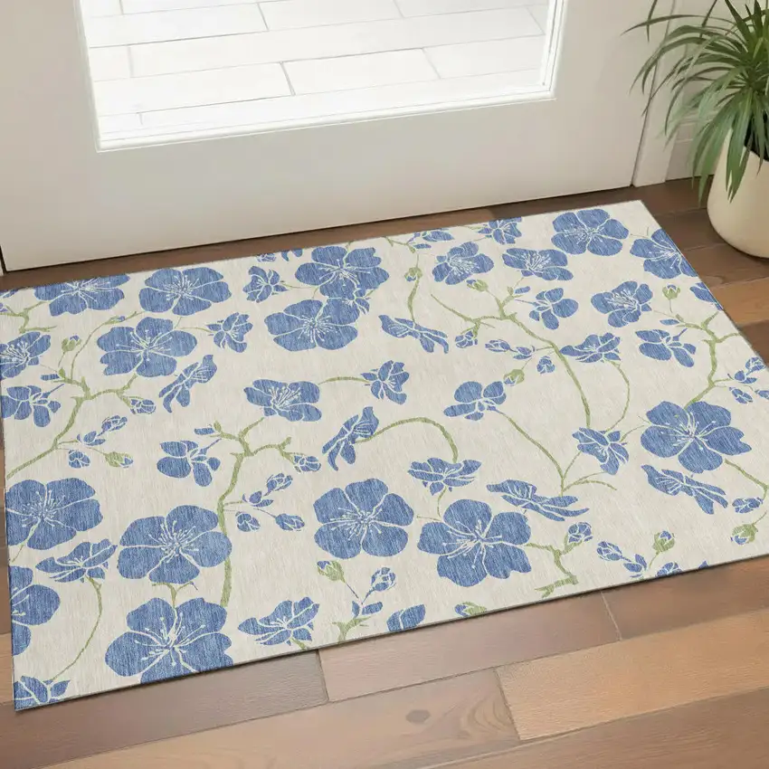 Linen Blue And Green Floral Washable Area Rug With UV Protection Photo 2