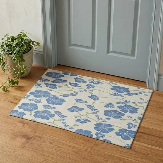 Linen Blue And Green Floral Washable Area Rug With UV Protection Photo 1