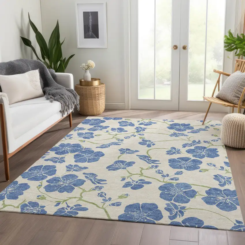 Linen Blue And Green Floral Washable Area Rug With UV Protection Photo 5