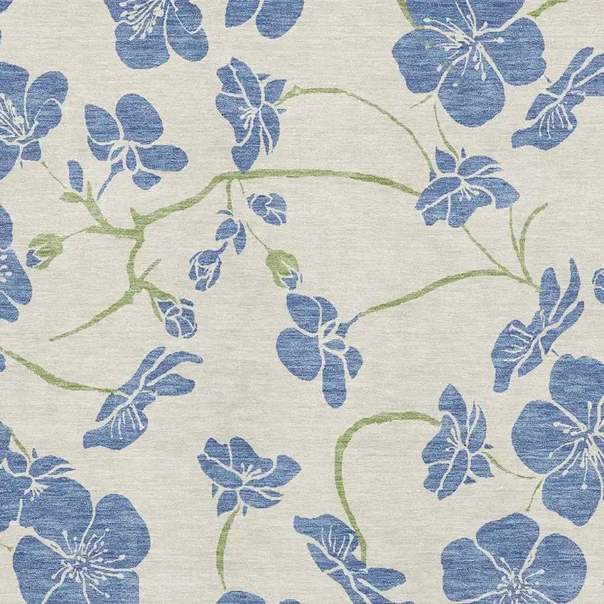 Linen Blue And Green Floral Washable Area Rug With UV Protection Photo 4