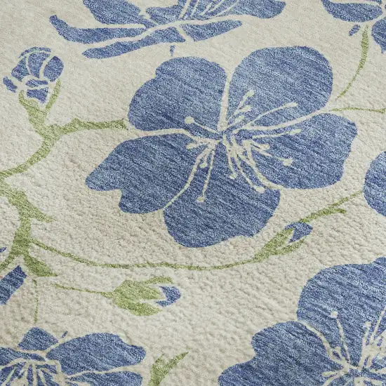 Linen Blue And Green Floral Washable Area Rug With UV Protection Photo 2