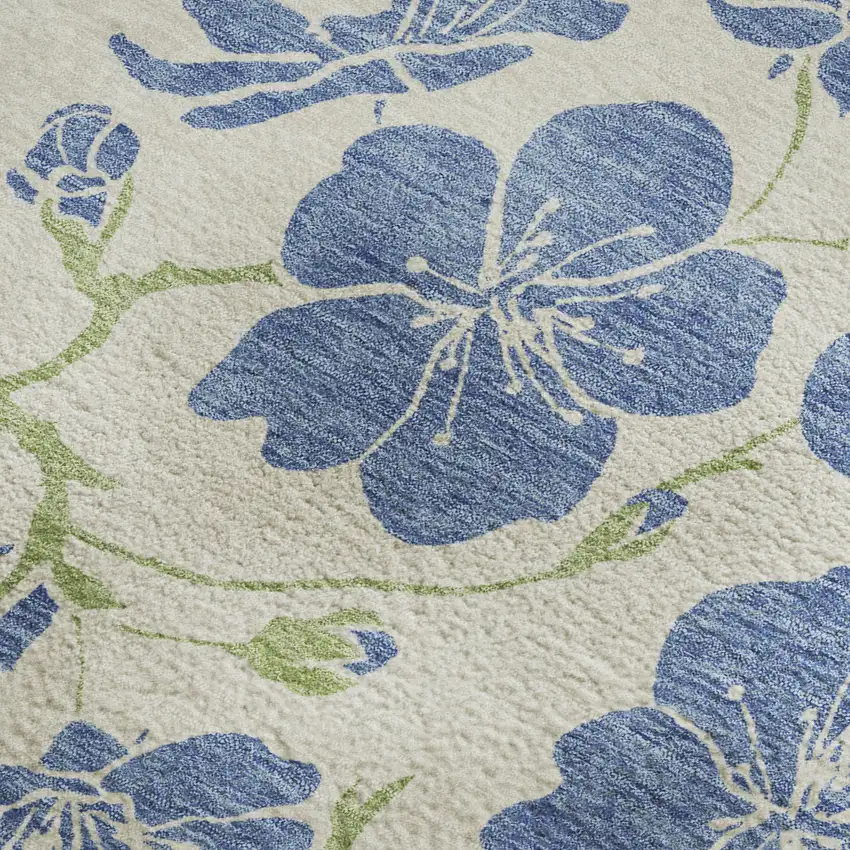Linen Blue And Green Floral Washable Area Rug With UV Protection Photo 2