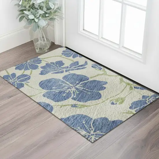 Linen Blue And Green Floral Washable Area Rug With UV Protection Photo 2