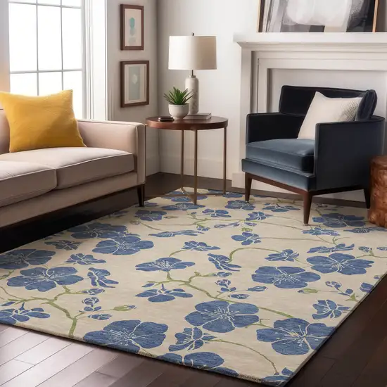 Linen Blue And Green Floral Washable Area Rug With UV Protection Photo 3