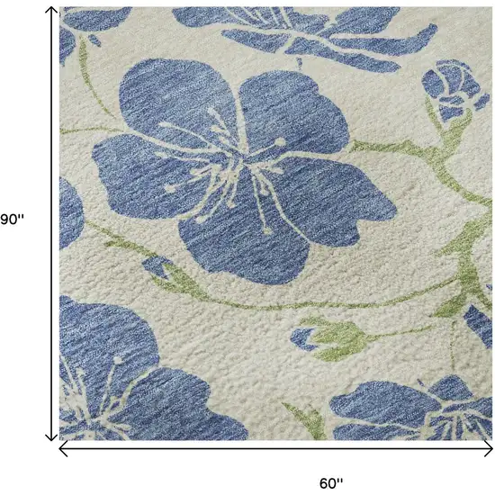 Linen Blue And Green Floral Washable Area Rug With UV Protection Photo 9