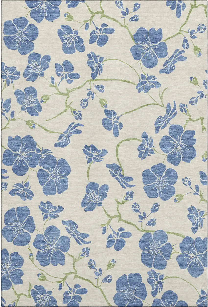 Linen Blue And Green Floral Washable Area Rug With UV Protection Photo 5