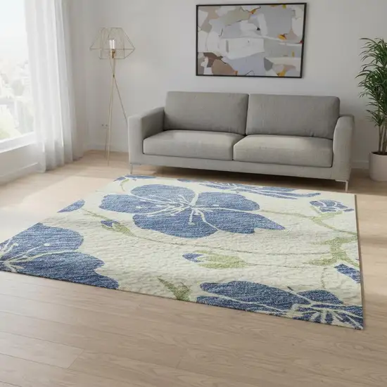 Linen Blue And Green Floral Washable Area Rug With UV Protection Photo 2