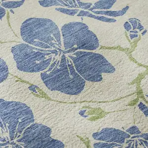 Photo of Linen Blue And Green Floral Washable Area Rug With UV Protection