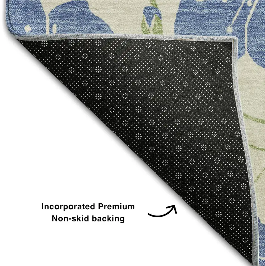 Linen Blue And Green Floral Washable Area Rug With UV Protection Photo 6