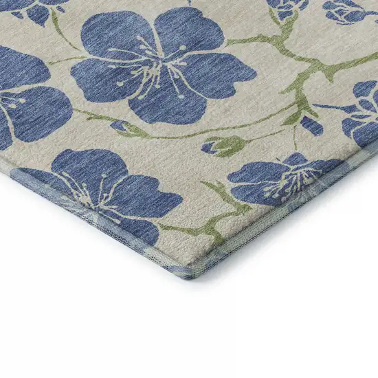 Linen Blue And Green Floral Washable Area Rug With UV Protection Photo 7