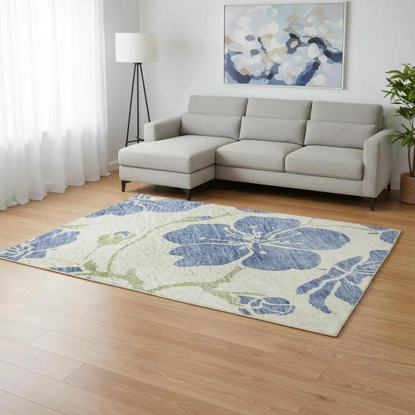 Linen Blue And Green Floral Washable Area Rug With UV Protection Photo 2
