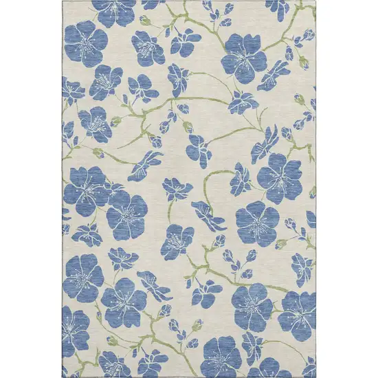 Linen Blue And Green Floral Washable Area Rug With UV Protection Photo 4