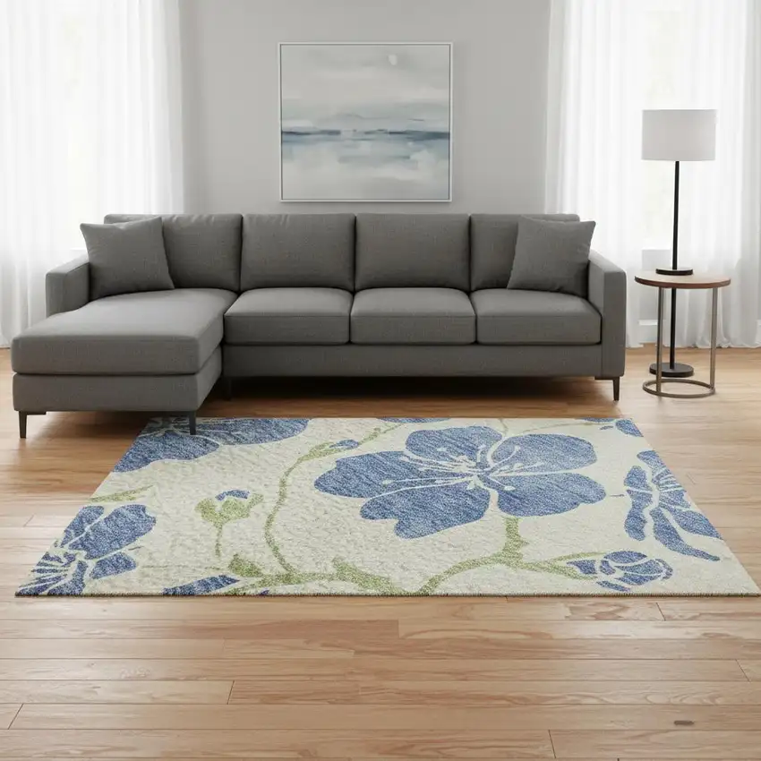 Linen Blue And Green Floral Washable Area Rug With UV Protection Photo 2