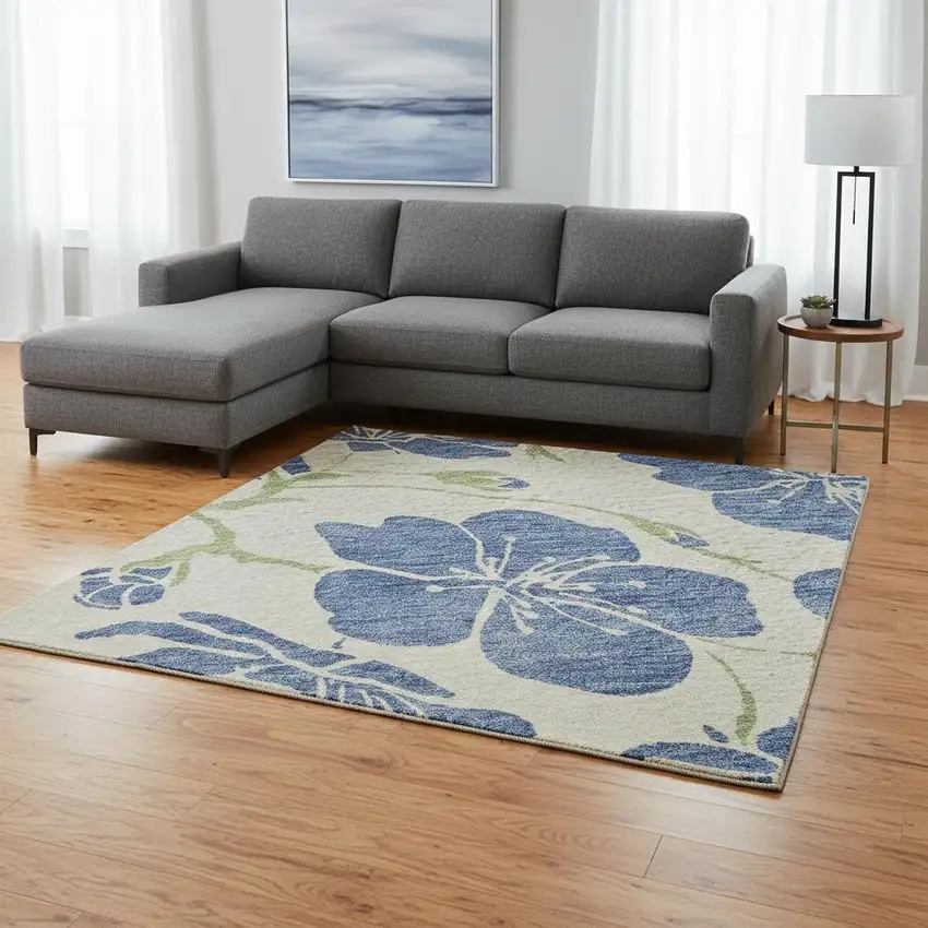 Linen Blue And Green Floral Washable Area Rug With UV Protection Photo 2