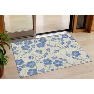 Photo of Linen Blue And Green Floral Washable Indoor Outdoor Area Rug