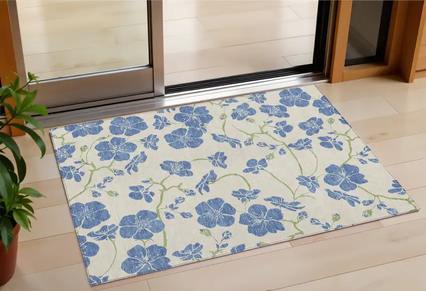 Linen Blue And Green Floral Washable Indoor Outdoor Area Rug Photo 1