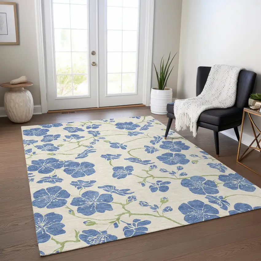 Linen Blue And Green Floral Washable Indoor Outdoor Area Rug Photo 9