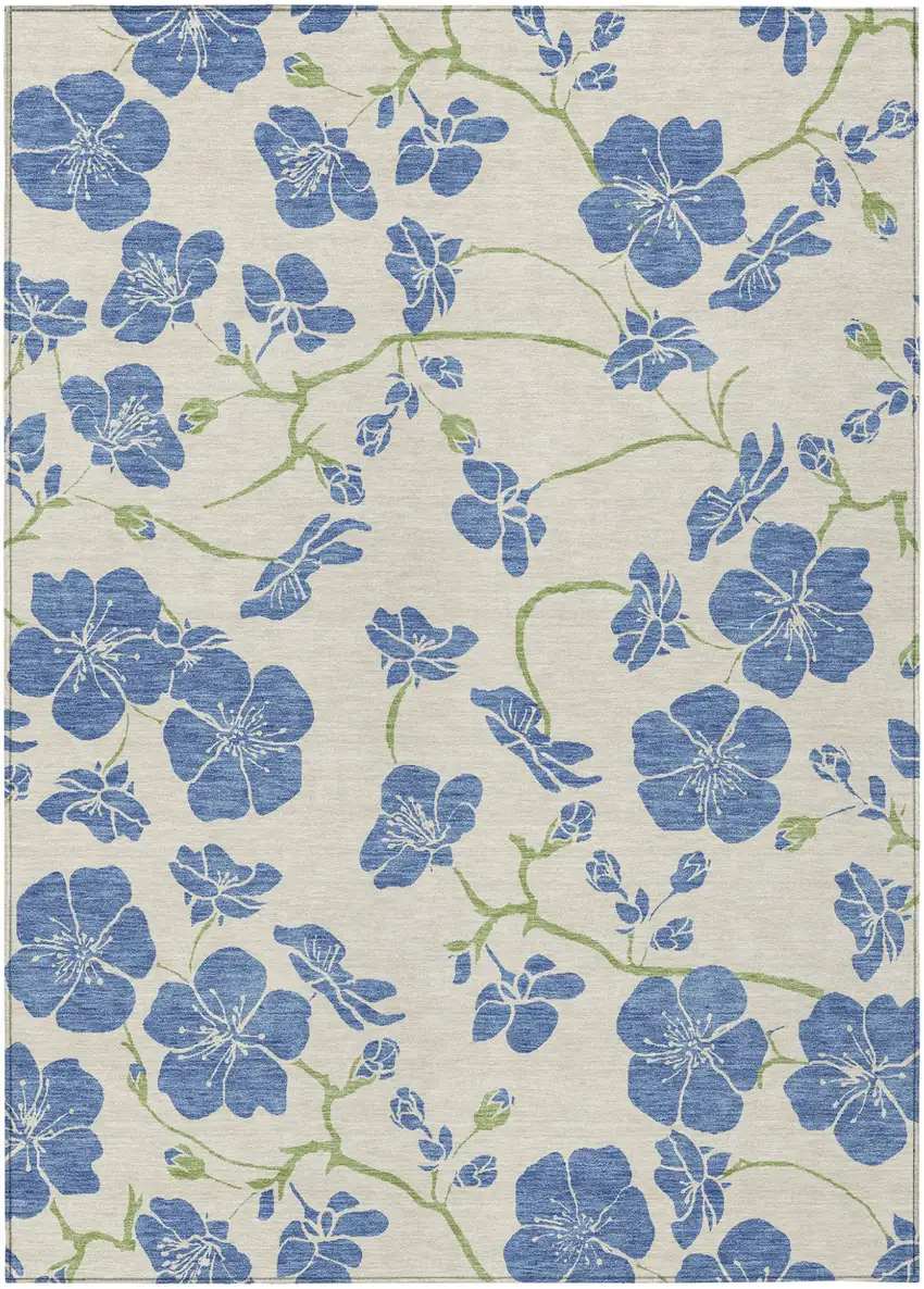 Linen Blue And Green Floral Washable Indoor Outdoor Area Rug Photo 2