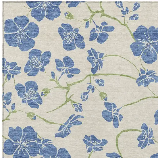 Linen Blue And Green Floral Washable Indoor Outdoor Area Rug Photo 6